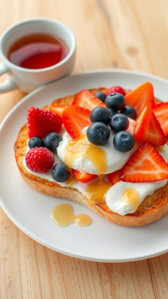 Japanese Tsukasa Toast Recipe Japanese Tsukasa toast with cream cheese and fresh fruits on a plate.
